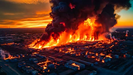 a large fire is raging in an industrial area at sunset