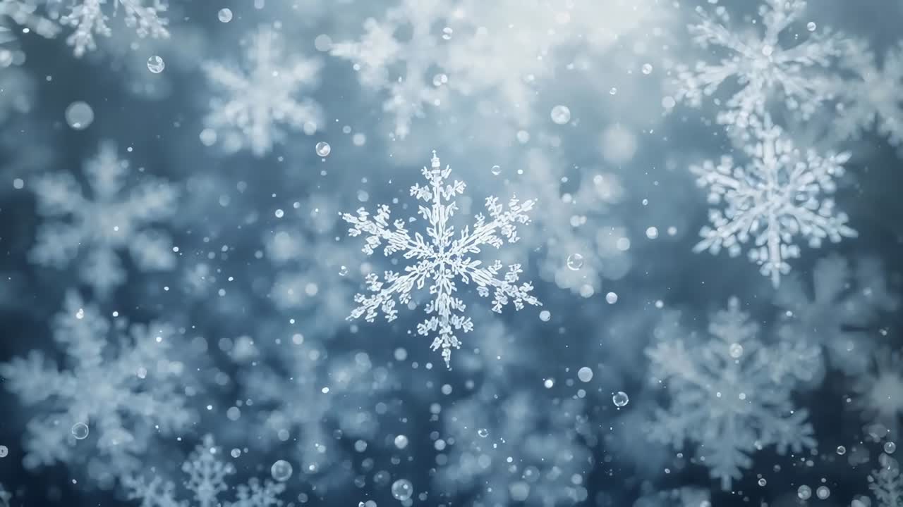 Opady płatków tworzące gęstszy śnieg w miarę upływu klatek, nakładające się warstwami na niebieską scenę ze świecącą poświatą bokeh
