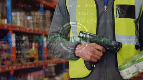 animation of data processing over caucasian male worker scanning a package at warehouse