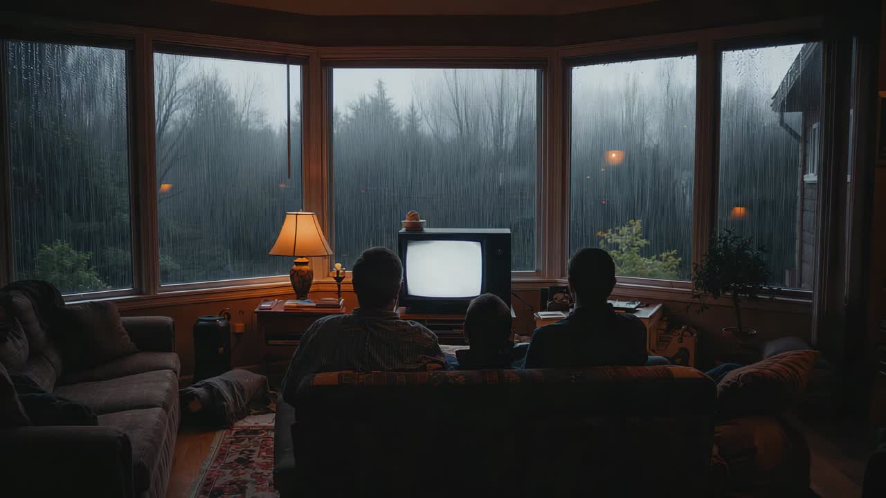 Sitting family trio on couch in sweaters watching TV at home, seeking comfort during heavy rain