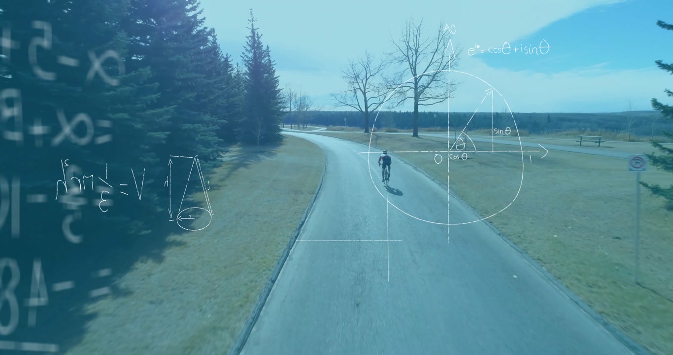 Teenage cyclist pedaling motion activating STEM overlays transitioning from algebra to Venn diagram