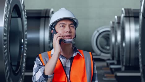 primer plano de un ingeniero asiático con casco de seguridad hablando en su teléfono inteligente mientras estaba de pie en una fábrica de metales