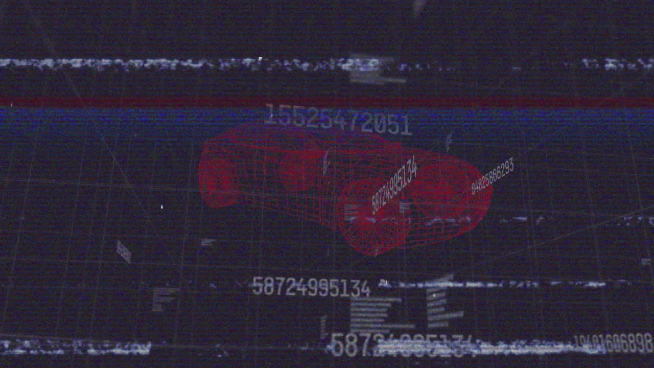 Animation of vhs glitch effect over data processing and changing numbers against 3d car model
