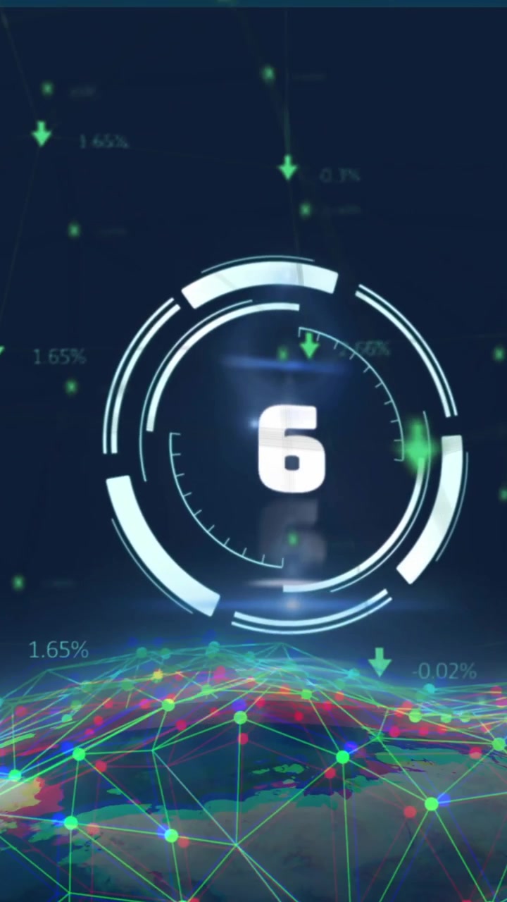 Animation of countdown data processing over globe with connections