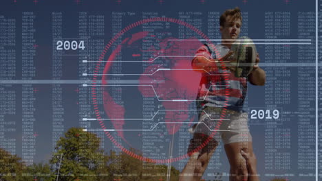 Three rugby players lifting teammate on grassy pitch, catching rugby ball with animated HUD overlay