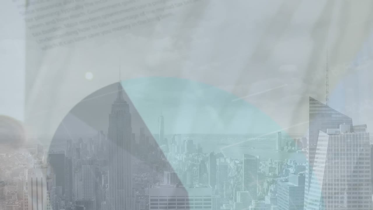 Animation of statistical data processing over caucasian businessman against aerial view of cityscape