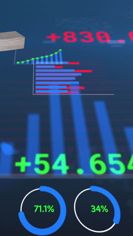 animación de una casa en venta sobre el procesamiento de datos financieros sobre fondo azul