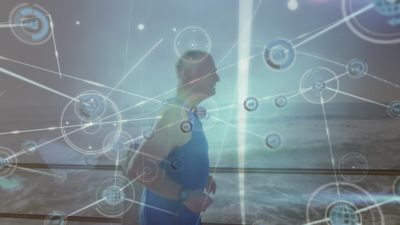 산책로에서 달리는 고위 백인 남성에 대한 연결 네트워크의 애니메이션