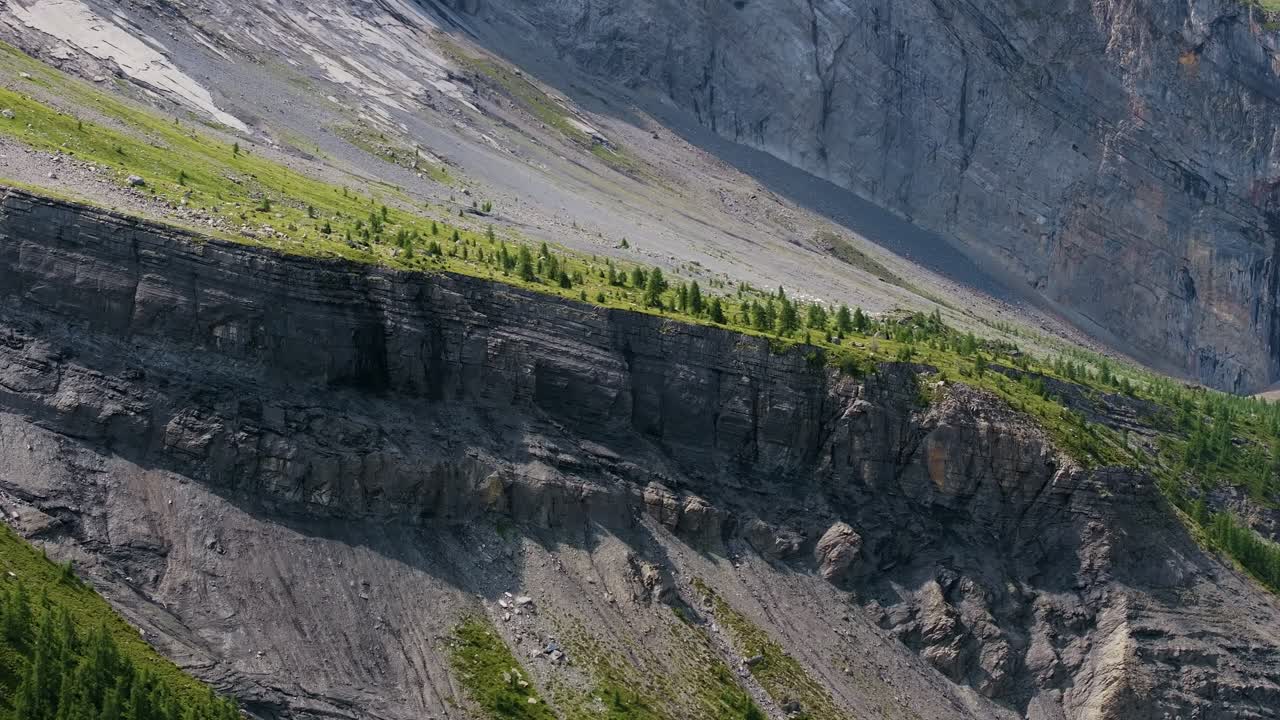 Aerial view of alpine rock formations with a striking green strip of conifer trees growing along a narrow ridge