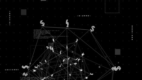 Animación-De-La-Red-De-Símbolos-De-Moneda-Global-Sobre-Procesamiento-De-Datos-Sobre-Fondo-Negro