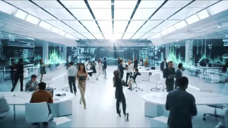 a modern futuristic office environment with professionals collaborating and engaging with advanced technology in a dynamic workspace atmosphere