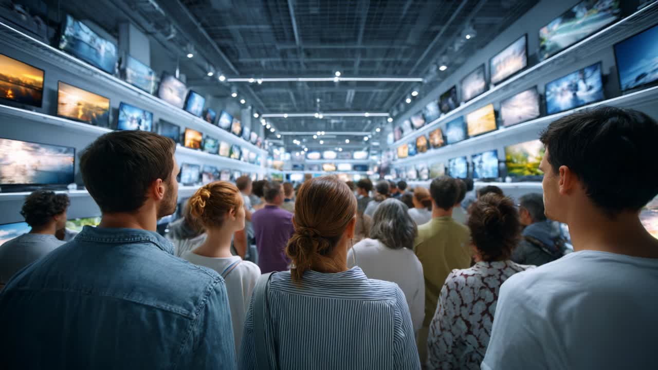 A Captivating Exhibition of Visual Art: Enthusiastic Crowd Immersed in Stunning Displays of Photography and Multimedia Creations in a Modern Gallery Atmosphere