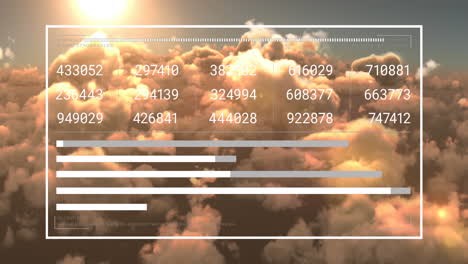 animación del procesamiento de datos financieros sobre el cielo con nubes