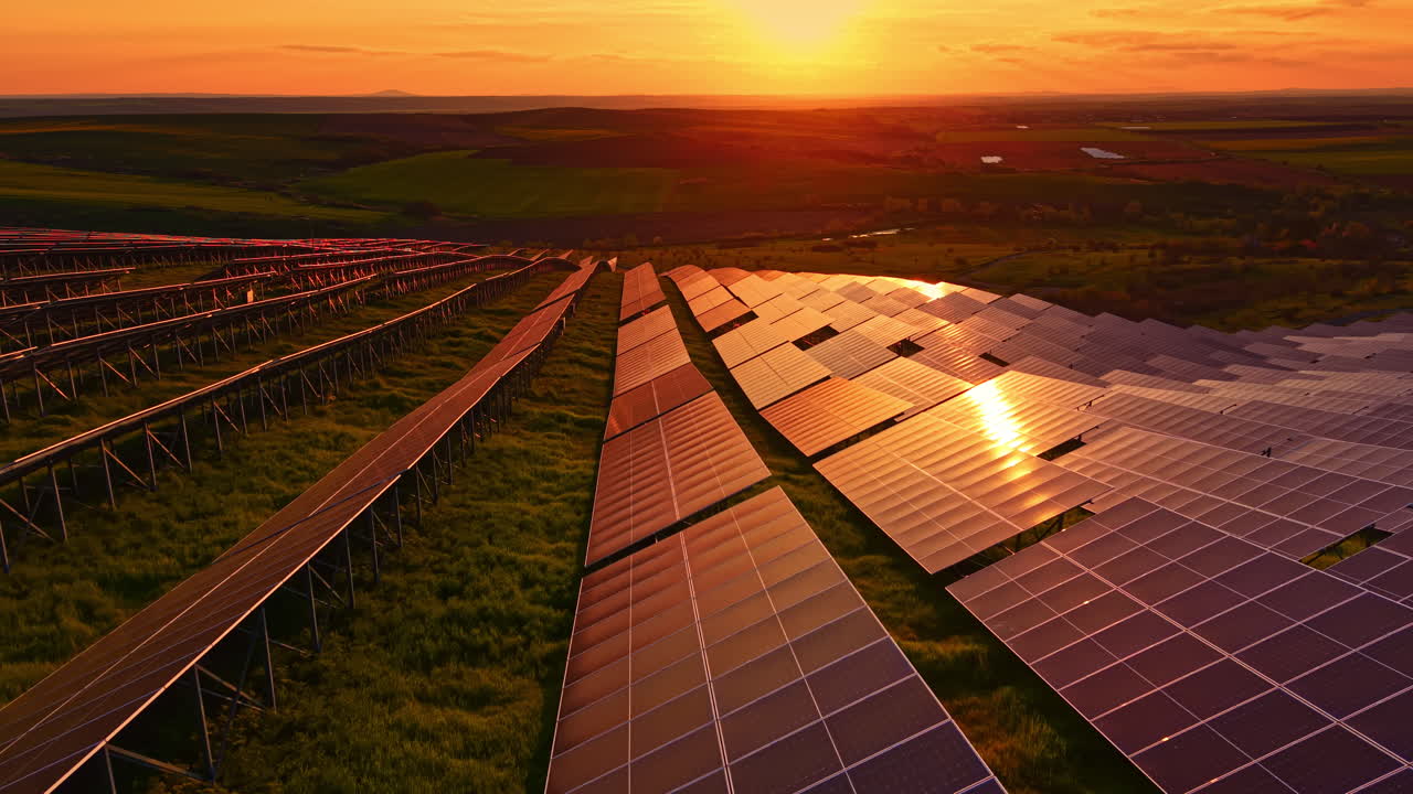 Solpaneler fanger sollys under solnedgang på en stor solcellepark i et landområde med grønne marker og bakker i baggrunden