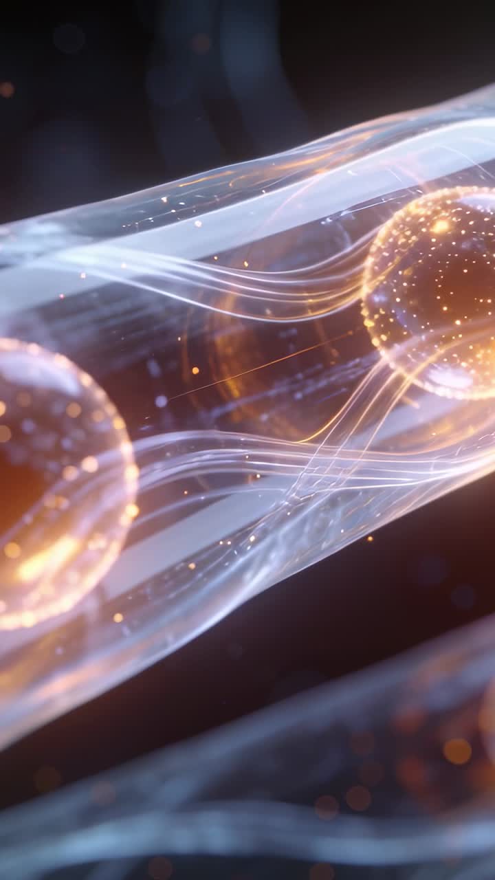 Video verticale: Inizia con un globo dorato che fluttua all'interno di un tubo a nastro in macro, rivelando un secondo globo