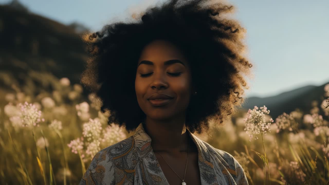 Serene video concept with a low-angle shot of a woman in a sunlit field, eyes closed