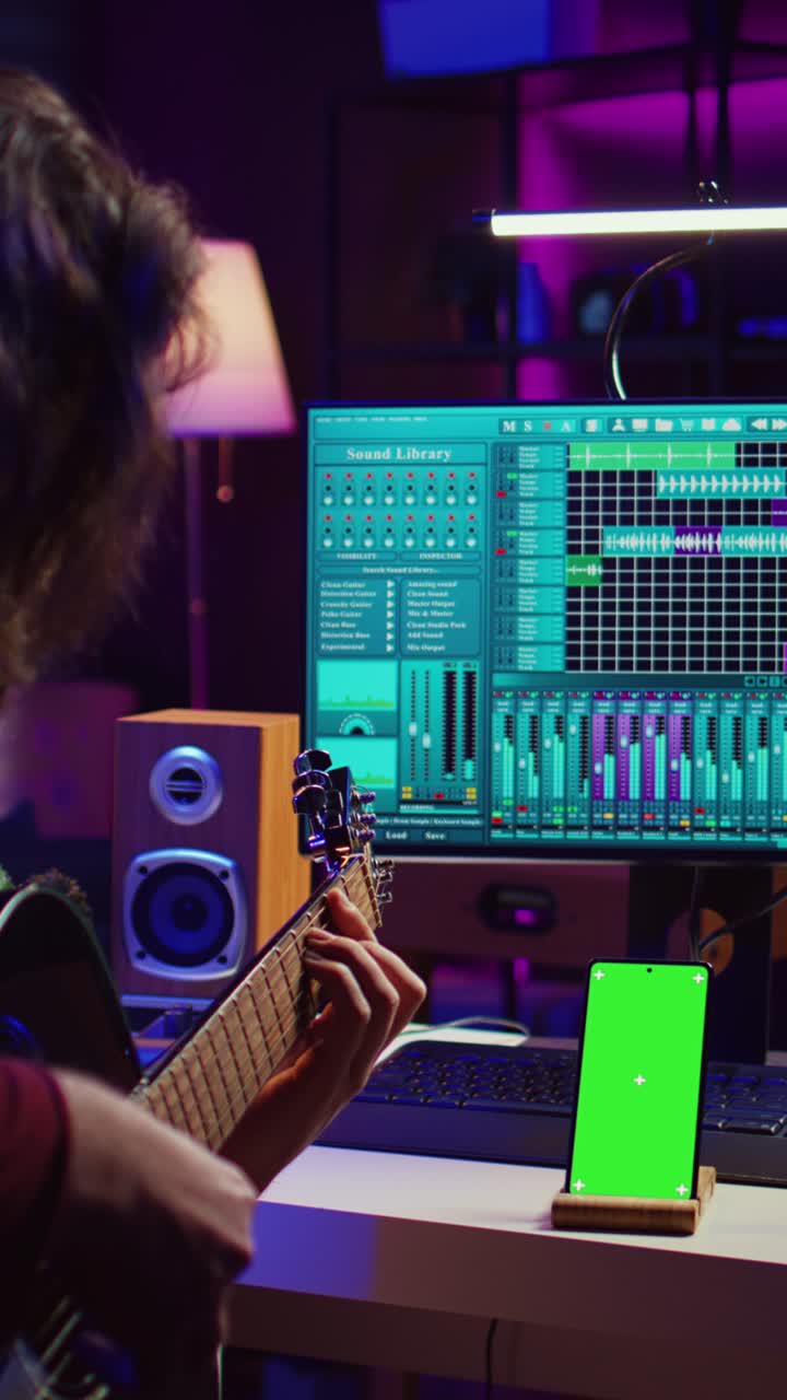 Musician Playing Electric Guitar in Home Studio with Music Production Software