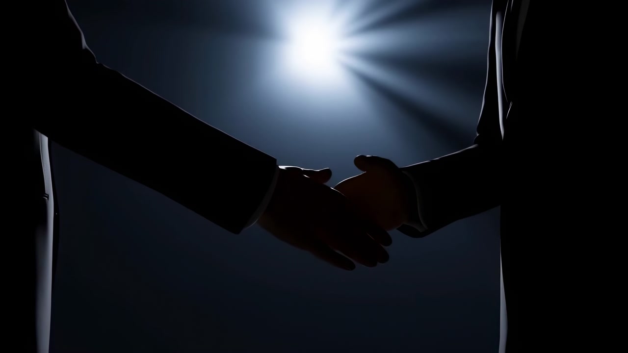 Two silhouetted figures complete handshake near center in wide horizontal composition beneath cool white-blue spotlight, with radial beams, soft haze, deep shadow, and moody corporate atmosphere