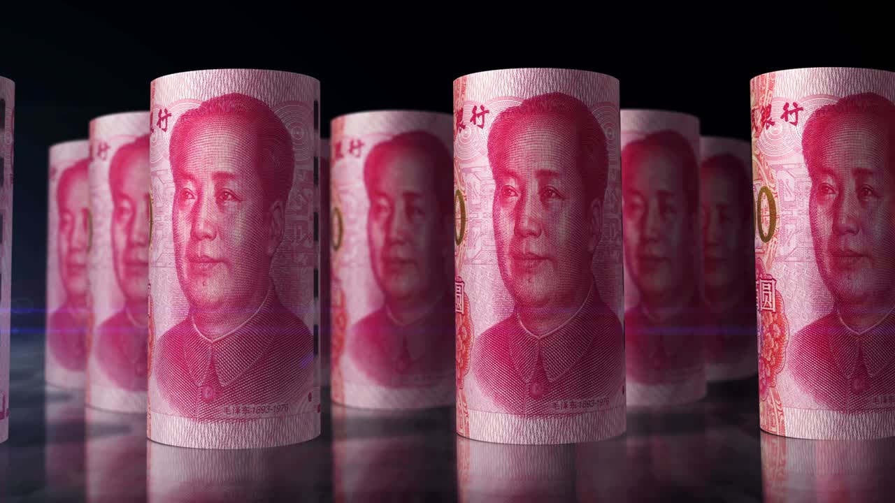 Chinese yuan Renminbi money banknotes rolls seamless loop