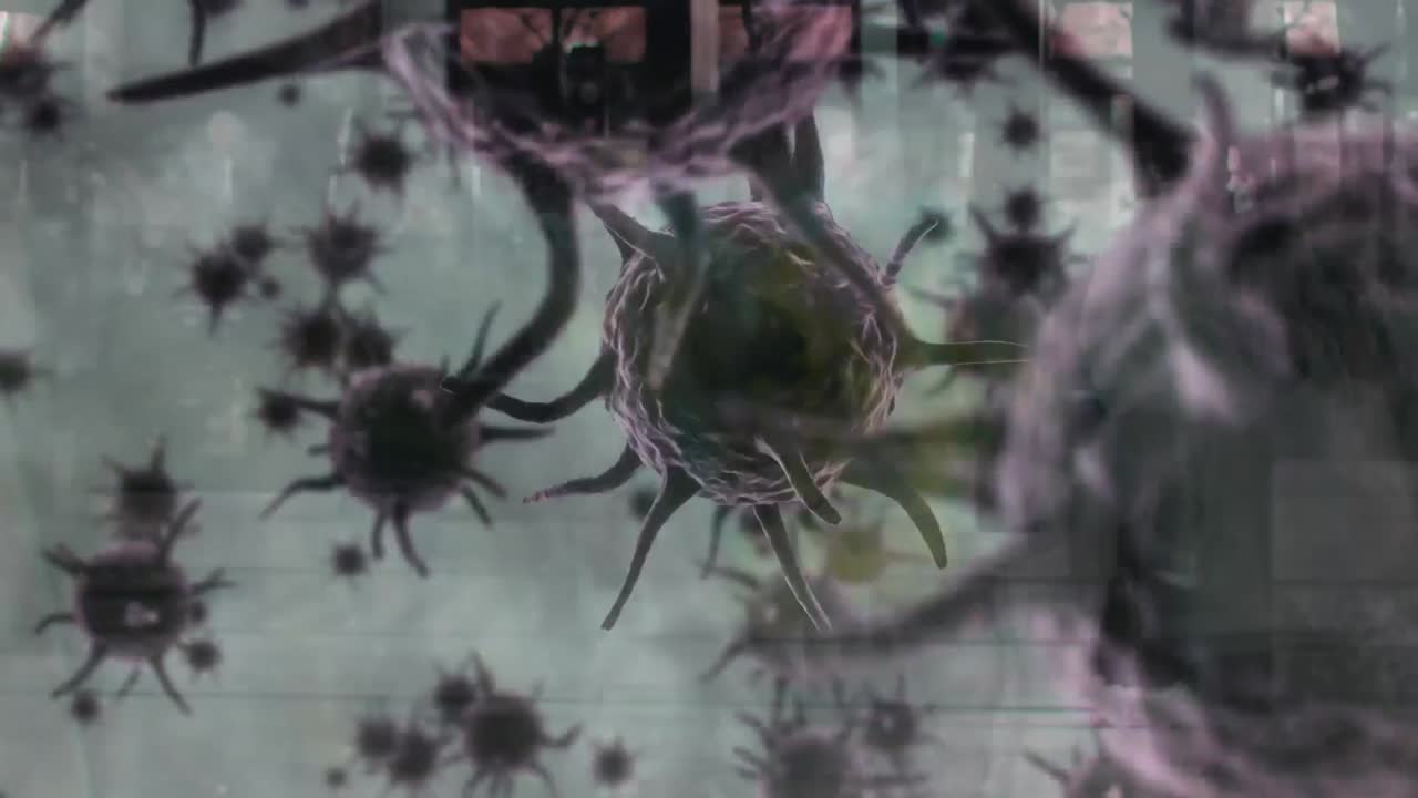 animação de células de covid-19 sobre pessoas a caminhar pela rua