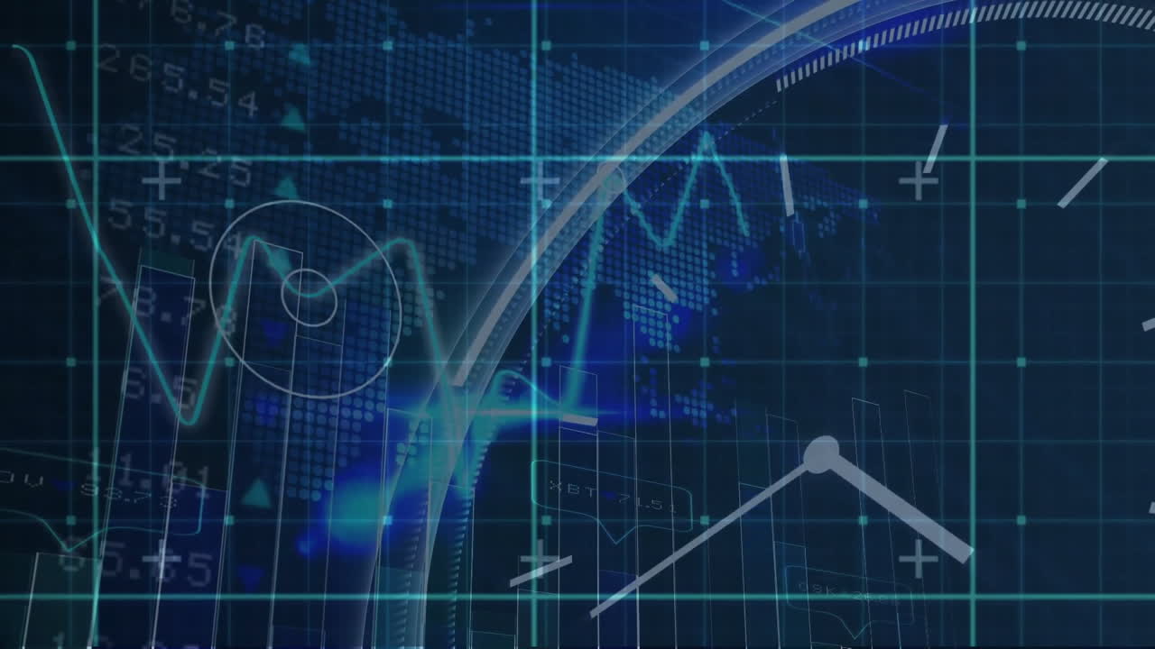 Animation of digital data graphs and charts overlaying world map in blue tones