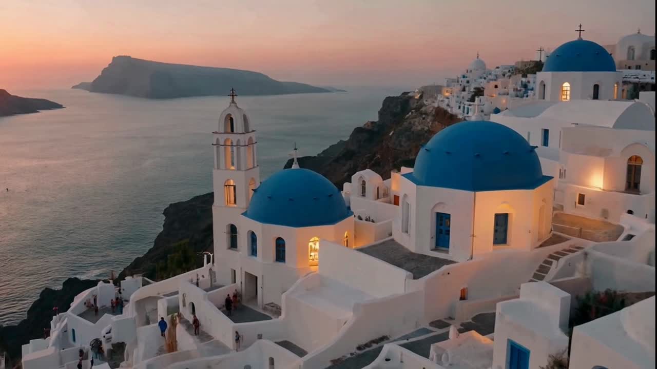 Santorini Greece Sunset with Iconic Blue Domed Churches and Aegean Sea