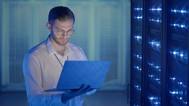 Male Server Engineer in Data Center. IT engineer inspecting a secure server cabinet using modern technology laptop coworking in data center.