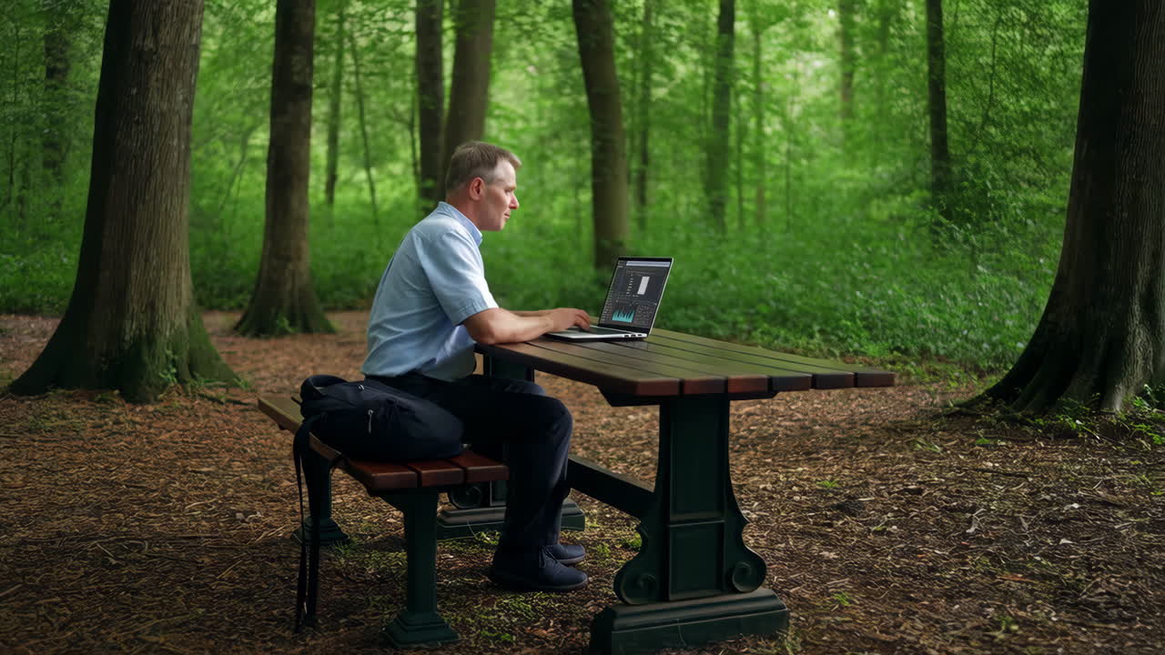 Mand, der arbejder på bærbar computer i en park