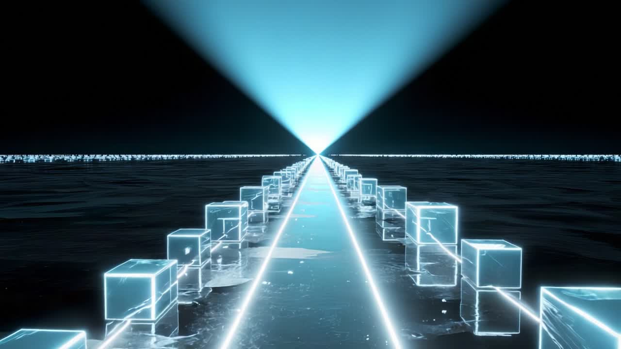 A Futuristic Pathway of Illuminated Cubes Leading into the Unknown, Showcasing a Unique Blend of Technology and Abstract Art in a Dark, Ethereal Setting