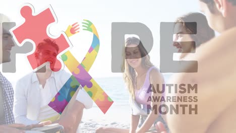 animation of colourful puzzle pieces ribbon and autism text over happy friends at summer beach party