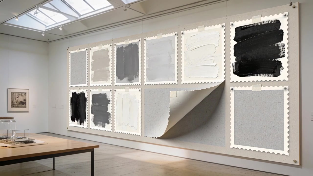 Shifting camera revealing wall art in gallery, showing curled panel glass case and skylight shadows