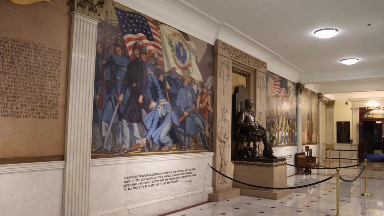 Sala del Valore all'interno del Campidoglio dello stato del Massachusetts con video ripreso con gimbal che panoramica da sinistra a destra.
