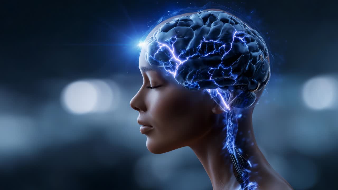 An ethereal representation of the human brain, highlighted by electric blue energy and an aura, symbolizing the power of thought, cognition, and the complexities of the mind in a futuristic setting