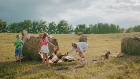 la familia disfruta de la diversión al aire libre en el campo abierto con picnic, niños juguetones, y un perro feliz, la luz del sol crea una atmósfera cálida mientras los seres queridos se unen, extienden mantas