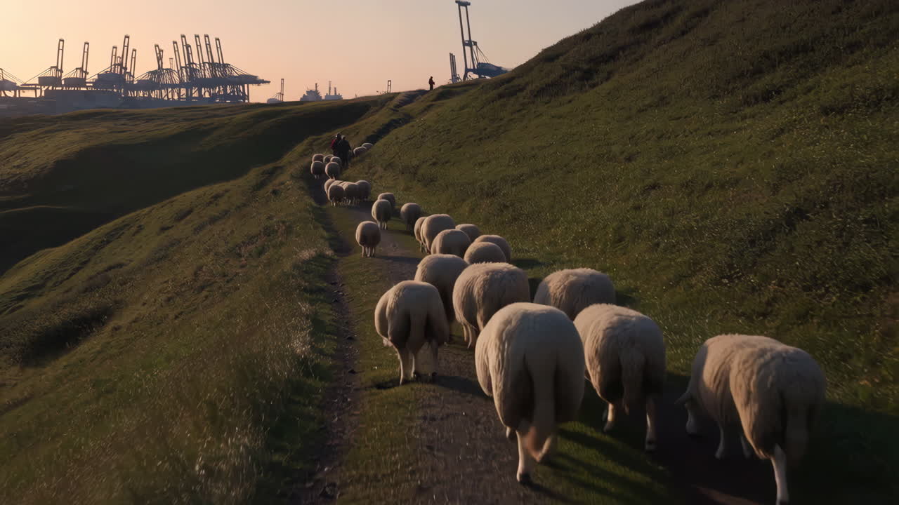 Sheep grazing on a grassy path with an industrial port in the background at sunset