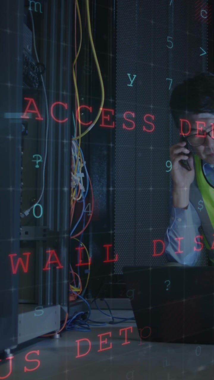 Animation of digital data processing and qr code over caucasian server room worker