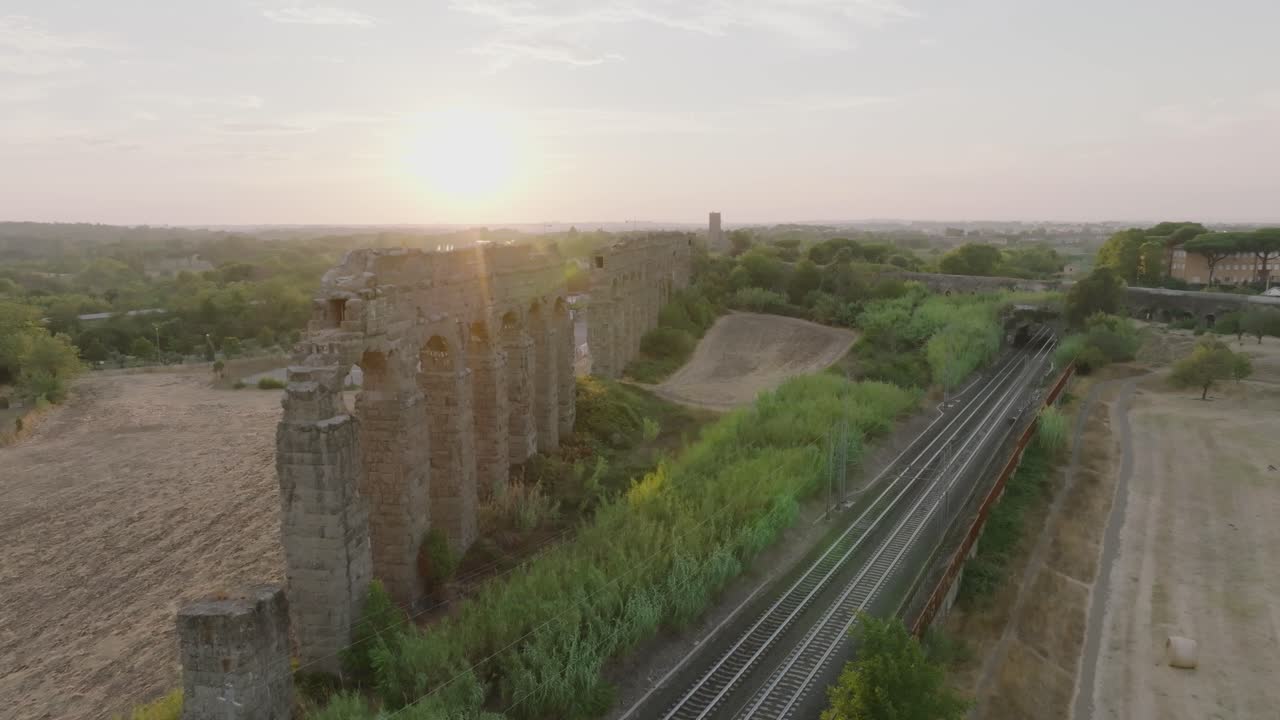 Aerial View of Roman Aqueduct at Sunset