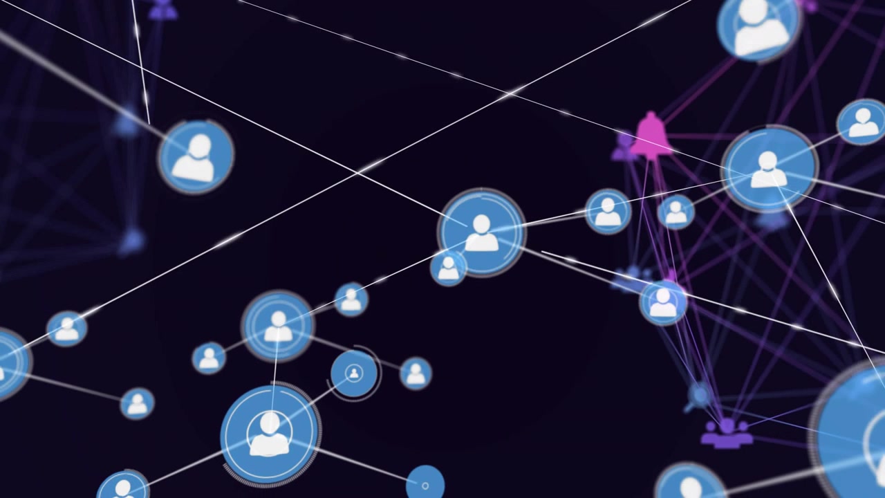 Central blue hub extending lines, pulling nodes from purple mesh, linking profiles for tech network