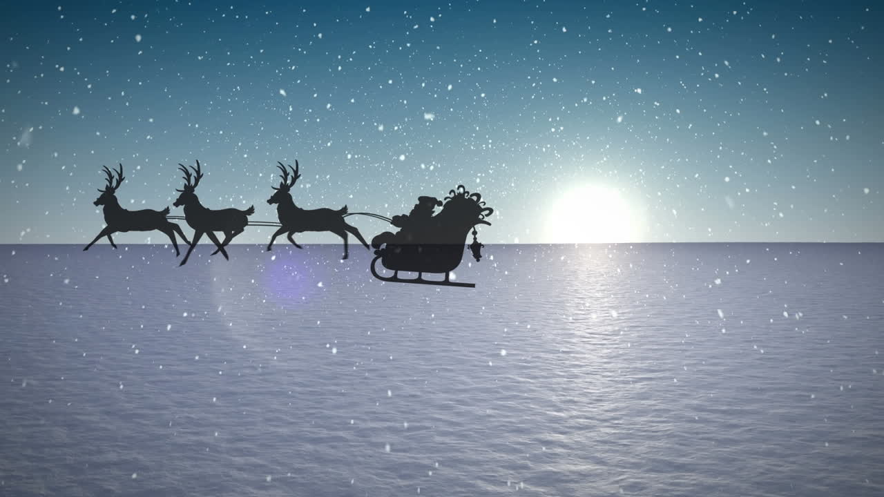 Animation of santa claus in sleigh with reindeer passing over snowy winter scenery