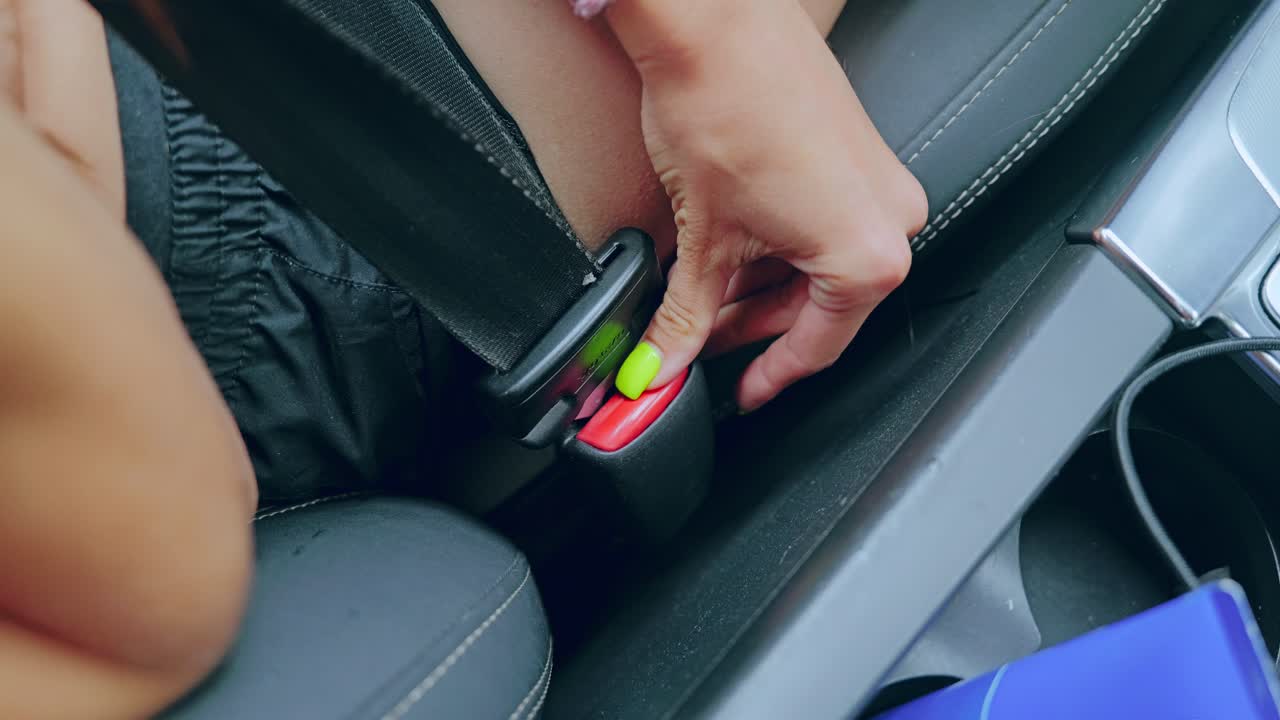 Close up of young woman’s hand unbuckling seat belt inside modern vehicle