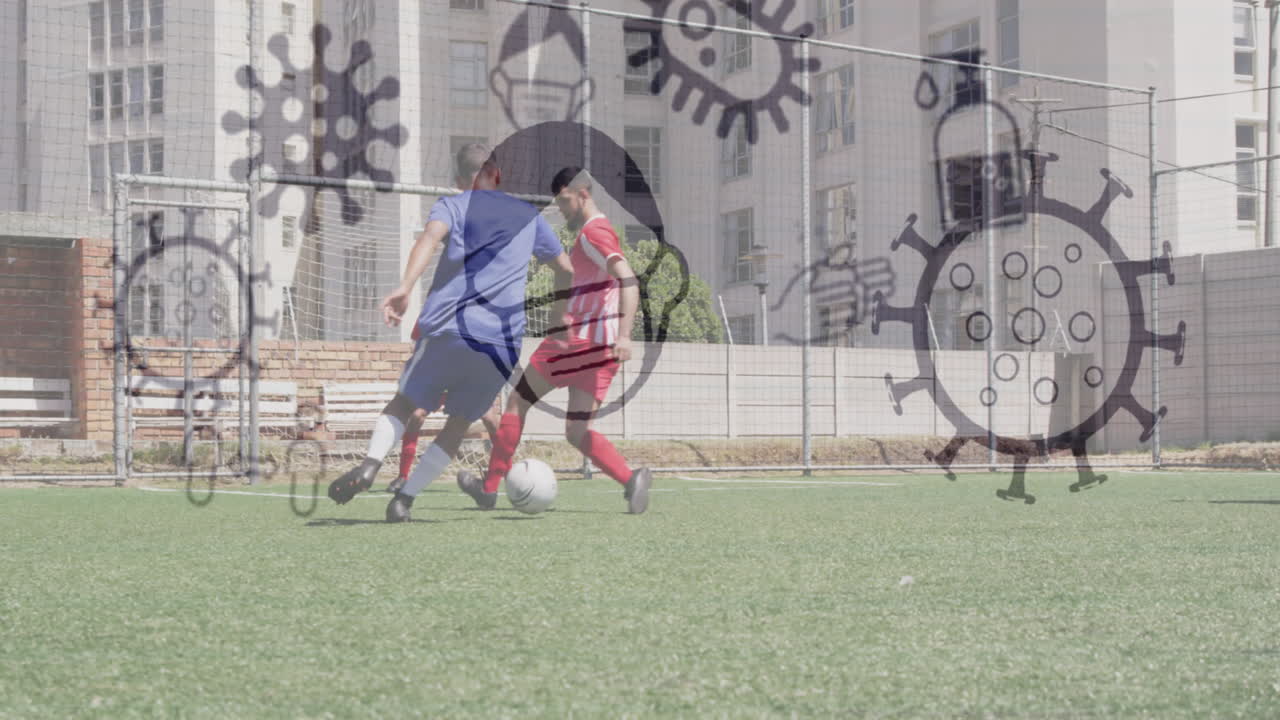 경기장에서 두 팀의 남자 축구 선수들의 코로나19 아이콘의 애니메이션