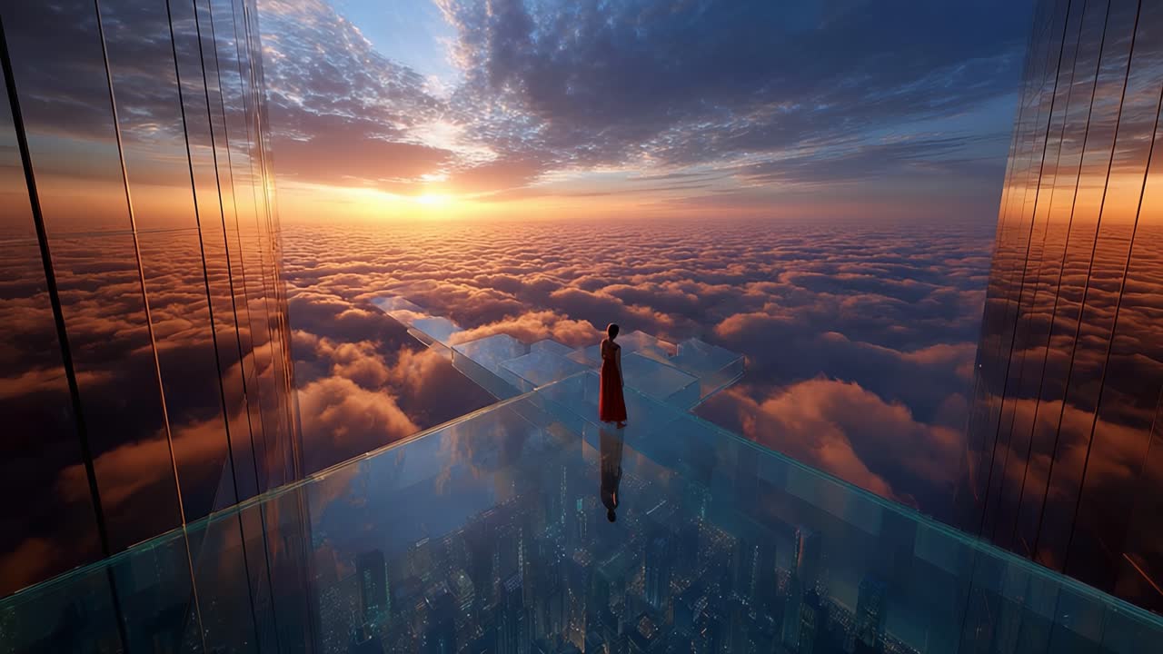 A breathtaking view of a figure standing on a glass platform overlooking a vibrant sunset, surrounded by a sea of clouds. The scene captures the essence of soaring heights and sublime beauty, invoking awe and wonder