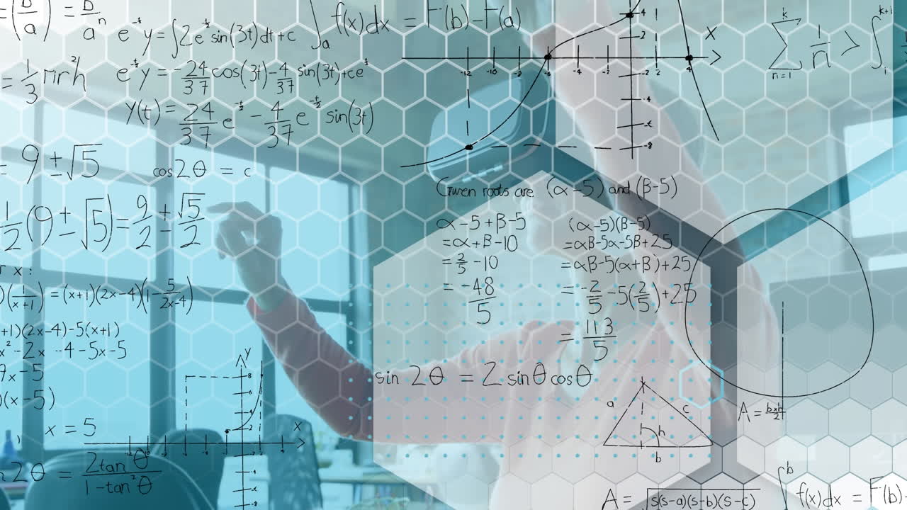Animation of mathematical formulas over businesswoman using vr headset
