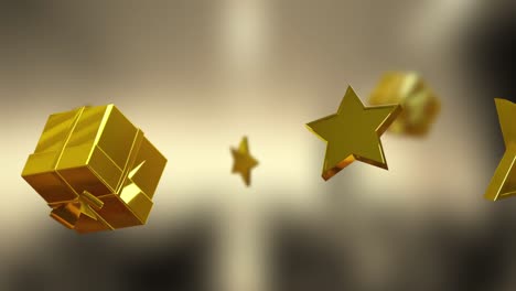 animation of christmas gold stars and presents on grey background