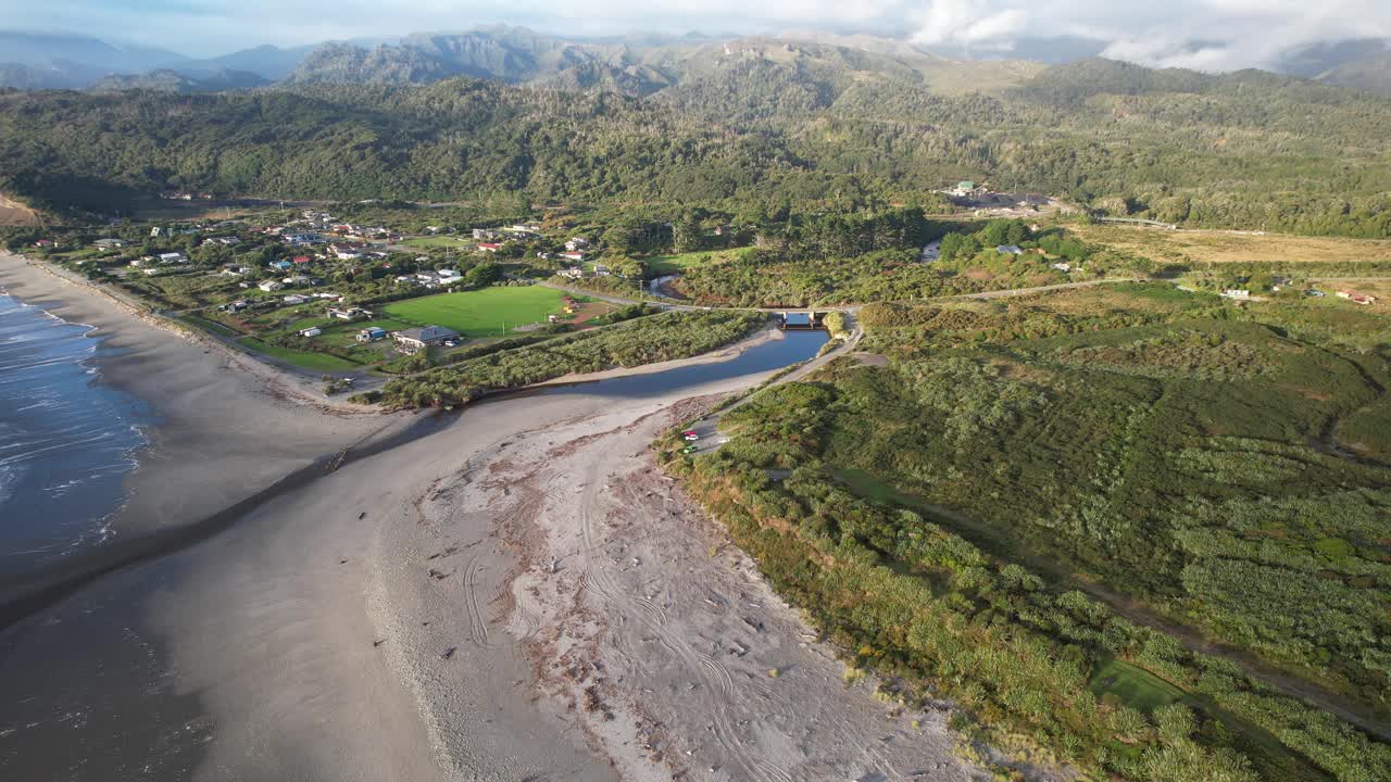 Point Elizabeth Walkway And Rapahoe Beach Holiday Park In Cobden, Greymouth, New Zealand. Aerial Drone Shot