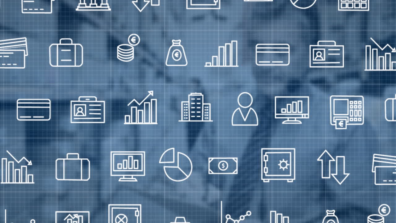 animación de iconos de negocios, medios y comunicaciones que se mueven sobre los trabajadores en el almacén