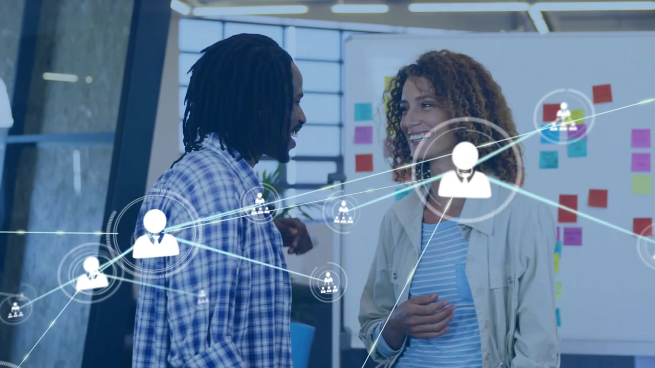 Team talking by notes, speaker sparking network icons growing over people, showing business links