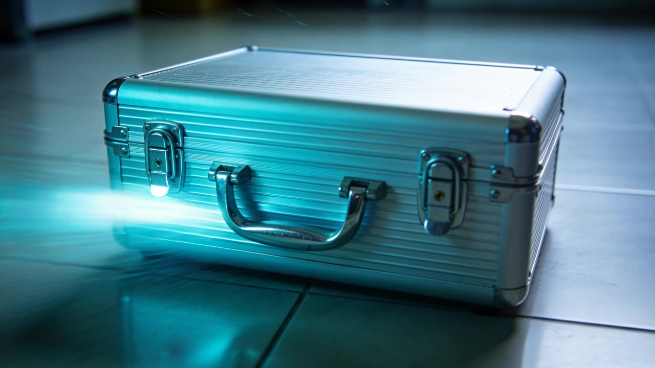 Glowing cyan beam starting left sweeping to metal briefcase in dim room, illuminating handle latch