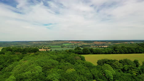 aerial shot over a forest and english agricultural land, on a bright sunny day