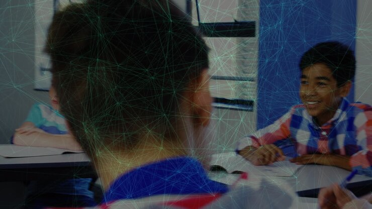 Animation of data processing over diverse students talking